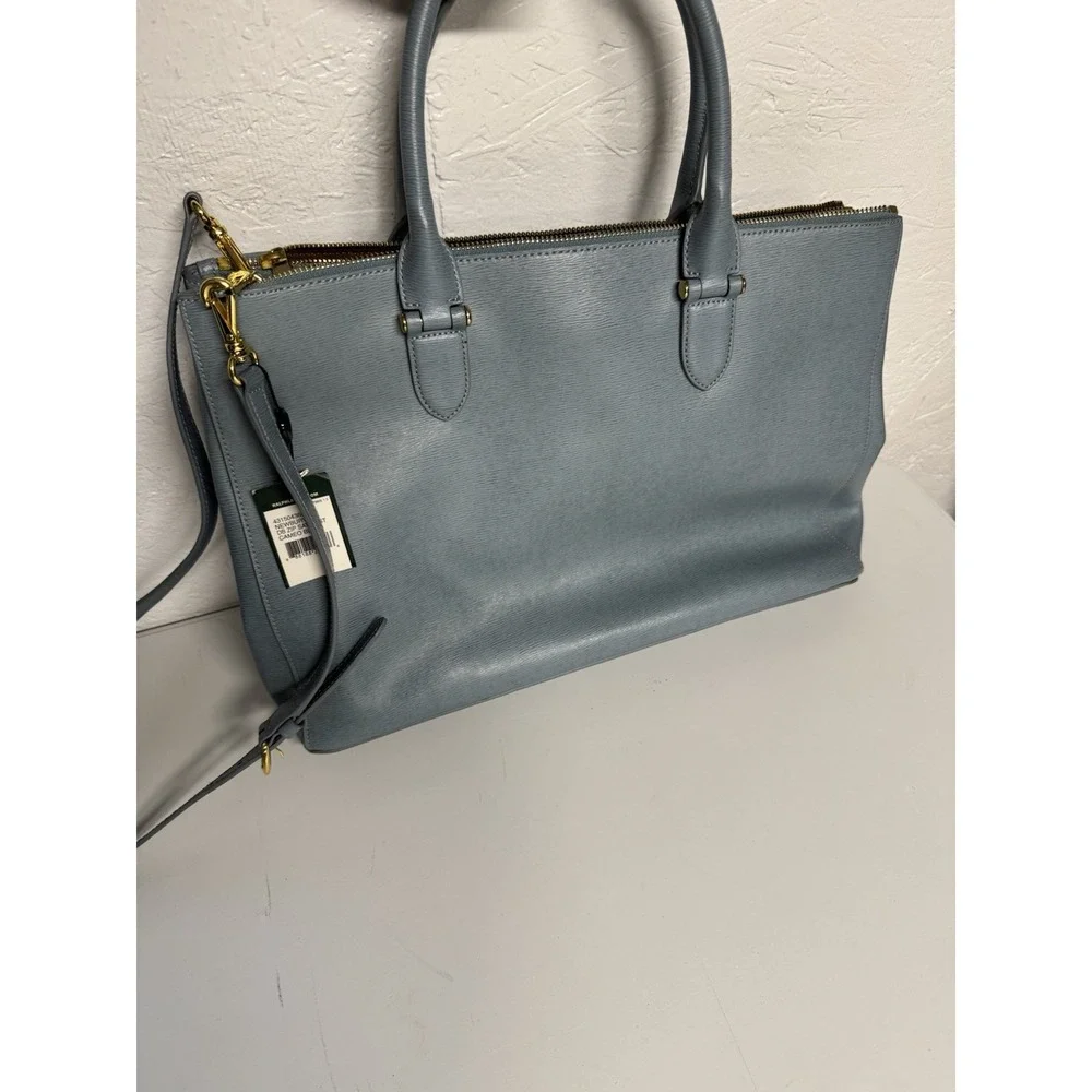 Lauren Ralph Lauren Newbury Satchel Purse Double Zip Light Blue Leather Bag NWT
